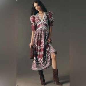NWT Farm Rio x Anthropologie Burgundy Puff Sleeved Dress